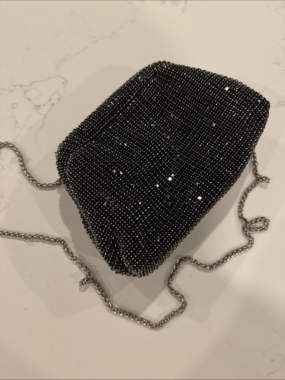 Black Beaded Clutch with Silver Chain Strap shoulder bag